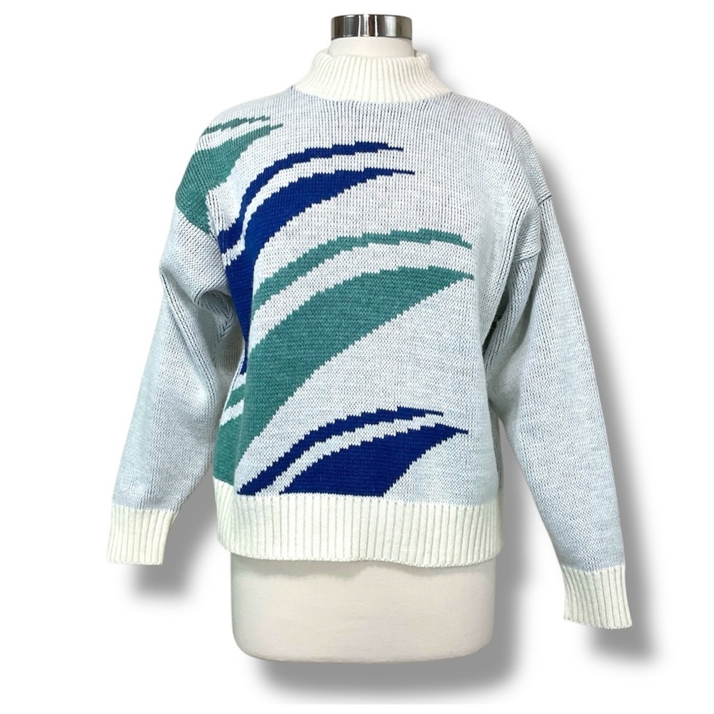 Vintage 80’s Blue and Green Graphic Mock Neck Sweater